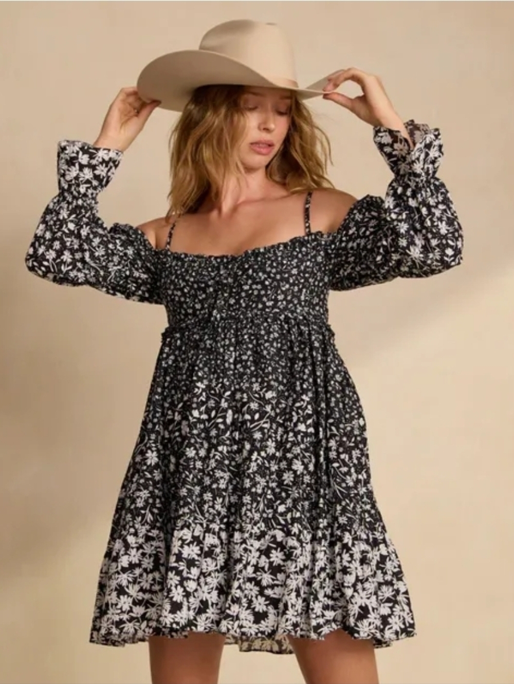 Techovas X Kristopher Brock Black Floral Off-Shoulder Smocked Mini Dress